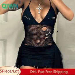 Casual Dresses 5 Bulk Wholesale Sexy Mesh Patchwork Dress Women Backless Halter Lace Up Mini Nightclub Hollow Out Tassel Pin Skirts 10827
