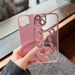 Cute Bear Glitter Quicksand Case for iPhone 15 14 13 12 11 Pro Max 15Pro 7 8 Plus Xr X Xs Max Lens Protective Film Plating Cover