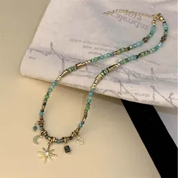 Pendant Necklaces Vintage Colourful Beaded Metal Chain Necklace For Women Gothic Punk Star Moon Charm Statement Y2K Jewellery