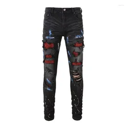 Men's Jeans Drilling Process Irregular Spray Ink High Street Hip Hop Black Hole Patch Red Drill Bit Elastic