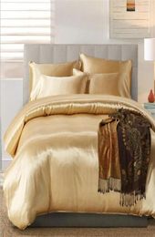 100 Good Quality Satin Silk Bedding Sets Flat Solid Colour UK Size 3 pcs Gold Duvet Cover Flat Sheet Pillowcases4417666