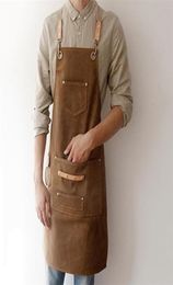 BBQ Canvas Apron Bib Leather Chef Kitchen For Women Men Barista Bartender Pockets Home Barber Cook Coffee Restaurant LJ2008155447496