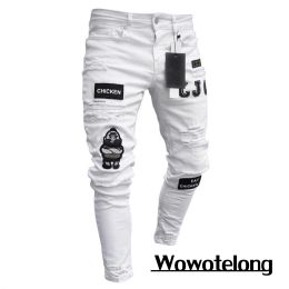 Pants 2023 White Embroidery Skinny Ripped Jeans Men Cotton Stretchy Slim Fit Hip Hop Denim Pants Casual Jeans for Men Jogging Trousers