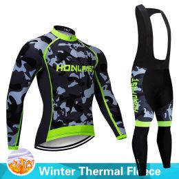 Pants Warm 2023 Winter Camouflage Team Cycling Clothes Thermal Fleece Man's Jersey Suit Outdoor Riding Bike MTB Clothing Bib Pants Set