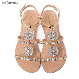 2024 Women's Summer Bohemia Diamond Flat Sandals Lady Casual Beach Rhinestone Shining Boho Shoes Peep Toe Slippers Plus Size 240401