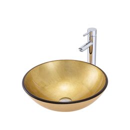 Gold Glossy Tempered Glass Bathroom Sinks Round Washroom Countertop Washbasin Hotel Sample Vessel Vanity Bowl Basin 42*42*15cm