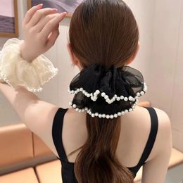 Large Mesh Hair Scrunchies Hair Tie with Pearl Pendant Streamers for Girl Women Hair Ropes Elastic Ponytail Holder