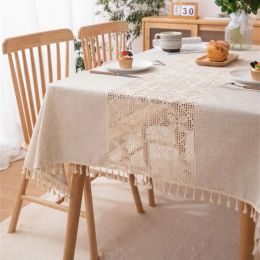 Rectangle Retro Tablecloths Fabric Farmhouse Tassel Table Cloth Dust-Proof Cover Kitchen Dinning Tabletop Home Decorations Party