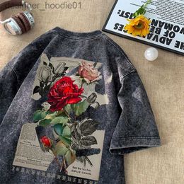 Men's Hoodies Sweatshirts Gothic Washed Tshirts Rose Printed Streetwear Mens T-shirt O-neck Oversized Korean Short Sle Tops Harajuku Casual T-shirt C240412