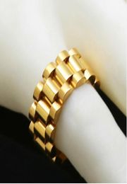 Classic Luxury 24K Gold Plated Men Watchband Rings Stainless Steel Golden Link Ring Hip Hop Mens Style Men Ring Watches Band Ring7498491