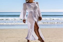 FashionCrochet White Knitted Beach Cover ups Swimwear dress Tunic Long Pareos Bathing Suit bikini coverup Swim cover up Robe Plage4608805