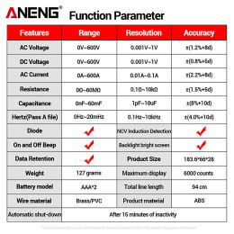 ANENG ST183 Digital Clamp Ammeter Pliers AC Current 6000 Counts True RMS DC/AC Voltage Tester Hz Capacitance NCV Ohm Clamp Metre