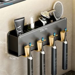 Wall Mounted Punch-free Aluminum Electric Toothbrush Holder No-Drill Toothpaste Dispenser Cup Storage Rack Bathroom Accessories