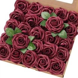 Decorative Flowers Artificial Roses 25/50pcs Real Looking Burgundy Fake Valentine's Day Decor W/Stem For DIY Wedding Bouquets