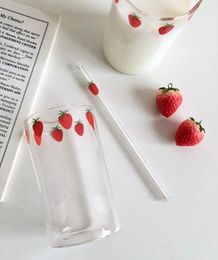 Wine Glasses Cute Ins Wind Heating High Borosilicate Heat Resistant Transparent Creative Strawberry Printing Milk Juice Glass Straw Cup300ml