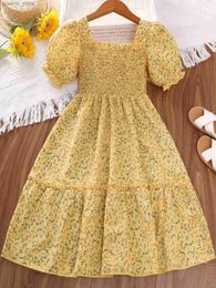 Girl's Dresses Girl dress Square neck Bubble sleeve princess skirt sweet floral birthday party dress childrens clothing Y240412