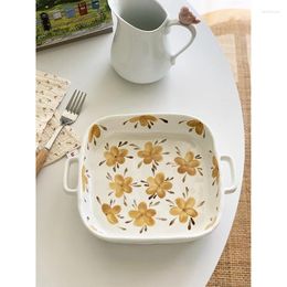 Plates Japanese Style Ceramic Plate Household Porcelain Two Ears Square Dinnerware Pasta Bread Dessert Cake Personal Items