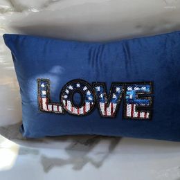 Pillow DUNXDECO 12"x20" Blue Velvet Shiny Love Patchwork Embroidery Pilow Cover Patio Case Sofa Chair Decorating