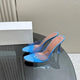 Slippers 2024 Mules Square Toe Women Sexy High Heels Genuine Leather Transparent PVC Shoes Zapatos De Mujer