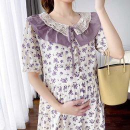 Maternity Dresses Summer Sweet Lace Ruffled Peter Pan Collar Maternity Dress Fashion Printing Pregnant Woman Elegant Dress Pregnancy Floral Dress 240412