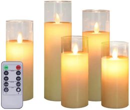 Remote controlled wTimer Flickering Flame Pillar Candle Paraffin Wax Electric LED Glass Set Home party table DecorAmber 240412