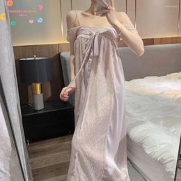 Women's Sleepwear Purple Mesh Spaghetti Strap Women Princess Dress Vintage Lace Embroidered Homewear Fairy Hanfu Nightgown Sweet Bow