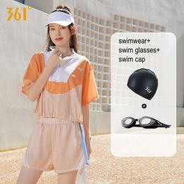 Suits 361°Women 3Pcs Quick Dry Water Sport Paded Swim Shirt Vest Trunks Beach Glasses Cap Female UV Sun Protection Athletic Rash Guard