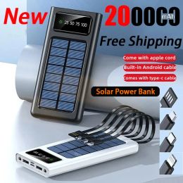 Banks 200000mAh Solar Power Bank Built Cables Solar Charger 2 USB Ports External Fast Charger With LED Light For Xiaomi iphone New