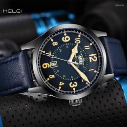 Wristwatches HELEI Premium Leather Strap Watch Dual Calendar Multifunctional Waterproof Men's Fashionable And Casual