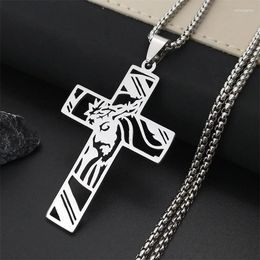 Pendant Necklaces Christ God Cross Jesus Crown Of Thorns Chain Necklace Men Stainless Steel Crucifix Jewelry Colar Masculino