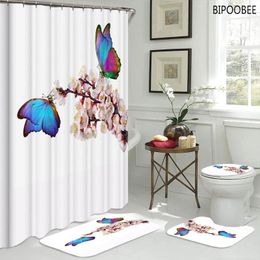 Shower Curtains Plum Blossom Print Colour Butterfly Bathroom Curtain Bath Mats Rugs Toilet Lid Cover Pedestal Anti-slip Carpet