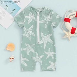 One-Pieces 3M-3T Childrens Rash Guard Swimsuit Sun Protection Green Short sleeved Round Neck Starfish Print Zipper Sun Protection Swimsuit Y240412