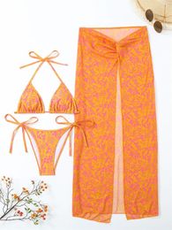 Women's Swimwear Bikini Women Swimsuit 2024 Orange Print Halter Bikinis Set Sexy Lace Up Three Piece Beach Wear Bathing Suit Female