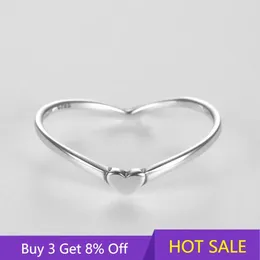 Cluster Rings Real 925 Sterling Silver V Shape With Small Cute Heart For Women Wedding Irregular Fine Ring Jewellery