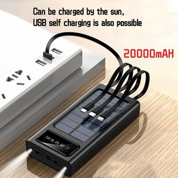 Solar Power Bank with 4 Cables Portable 20000mAh Charger LED Digital Display Powerbank External Battery Pack Poverbank for Phone