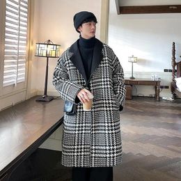 Men's Trench Coats Autumn Winter Houndstooth Woolen Thickened Mid-length Windbreakers Loose Casual High Street Overcoat Male Clothes