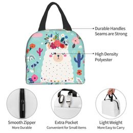 Cute Baby Alpaca Llama With Spring Floral Wreath Cactus Insulated Lunch Bag Reusable Leakproof Lunch Box for Work School Travel