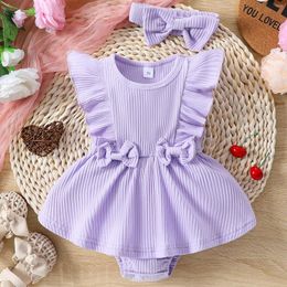 Rompers Cute Baby Girl Summer Outfit Solid Color Ruffled Sleeveless O-Neck Bow Decor Ribbed Romper Dress With Headband Infants Clothes