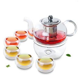 Teaware Sets 1x 8in1 Coffee Tea Set A-625ml Short Low Glass Pot With Stainless Steel Filter Round Warmer 6 Double Wall Layer Cup