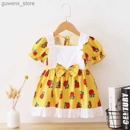 Girl's Dresses Kids Girl 1-6Years Princess Dress Short Sleeve Rose Flowers Printed Dresses Cute Casual Summer Skirts for School Wear Y240412