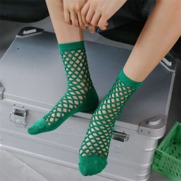 Y2k Lolita Black White Socks Women Gothic Sexy Hollow Out Breathable Fishnet Socks Trendy Mesh Lace Fish Net Middle Tube Sock