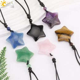 CSJA Healing Star Crystal Necklace Natural Stone Pendant Tiger Eye Amethysts Pink Quartz Obsidian Necklaces for Men Women H301