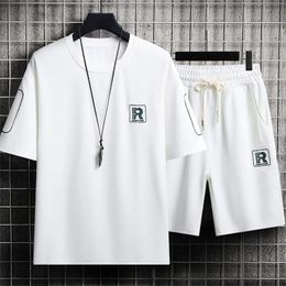 R Letter Mens TShirt and Shorts Sets Casual Set 2024 Summer Male Sports Suit Solid Colour Tracksuit Loose Suits Size 3XL 240409