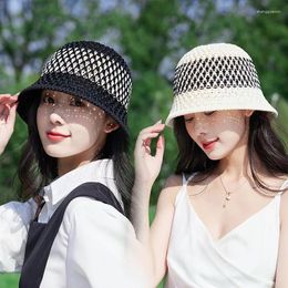 Berets Knitted Colour Clip Hollow Paper Grass Sunshade Cool Small Bowl Hat For Women's Korean Summer Sunscreen Bucket