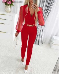 Basic Casual Dresses Elegant Mesh Patchwork Jumpsuit Women 2024 Spring Dp V-neck Lantern Slve Rompers For Women Casual Skinny Chain Jumpsuits Red 1 T240415