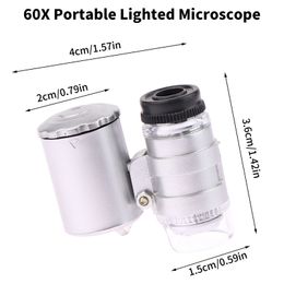 1pc 60X Portable Illuminated Microscope Mini Pocket LED Magnifying Glass Handheld Jeweller Magnifier Pocket Microscope Kids Gifts