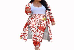 Women Samoan Polynesian Plumeria Flower Print Pant Suits Fashion Thin Skinny Cardigan Long Pants Two Pieces Clothing Suit7094371