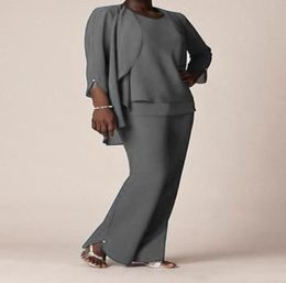 Elegant Grey Chiffon Formal Pant Suits For Mother Groom Dresses Evening Wear Long Bride Dresses With Jackets Plus Size Custom575226317652