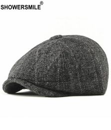 sboy Hats Sboy SHOWER Tweed Cap Men Wool Herringbone Flat Winter Grey Striped Male British Style Gatsby Hat Adjustable1100338
