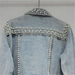 Heavy Work Beading Diamonds Denim Jacket Women Loose Short Cowboy Outerwear Vintage Blue Frayed Big Pocket Jeans Jacket Female